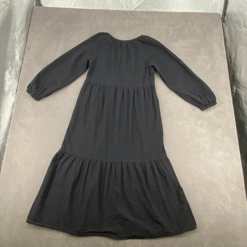 Old Navy Womens Black Seersucker Tiered Midi Dress Long Sleeve‎ Henley Small